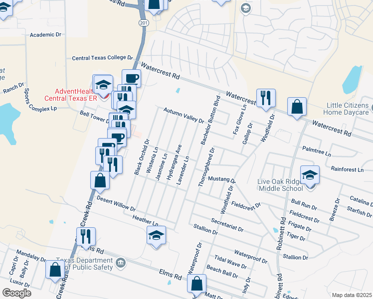 map of restaurants, bars, coffee shops, grocery stores, and more near 2509 Lavender Lane in Killeen
