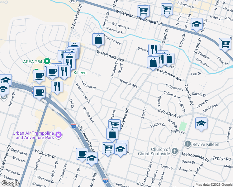 map of restaurants, bars, coffee shops, grocery stores, and more near 1009 San Antonio Street in Killeen
