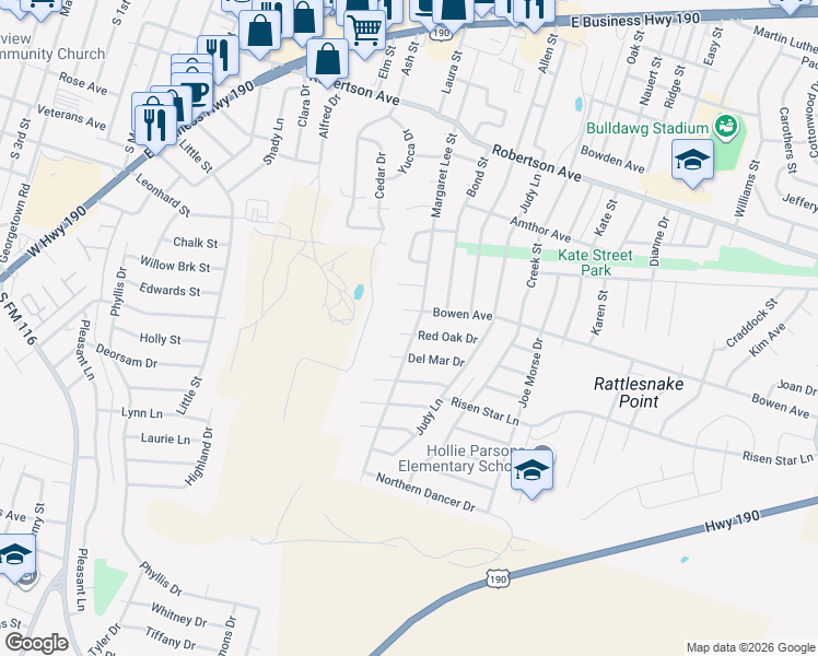 map of restaurants, bars, coffee shops, grocery stores, and more near 402 Red Oak Circle in Copperas Cove