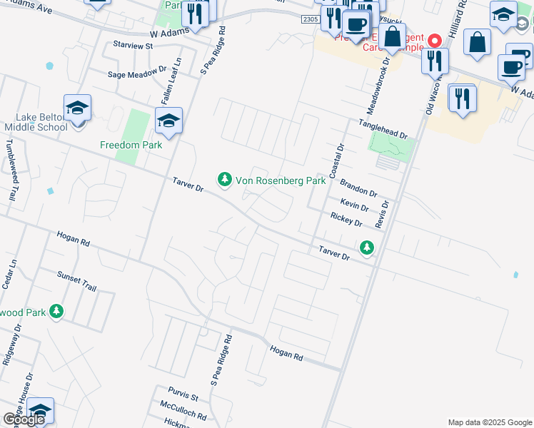 map of restaurants, bars, coffee shops, grocery stores, and more near 7539 Red Valley Way in Temple