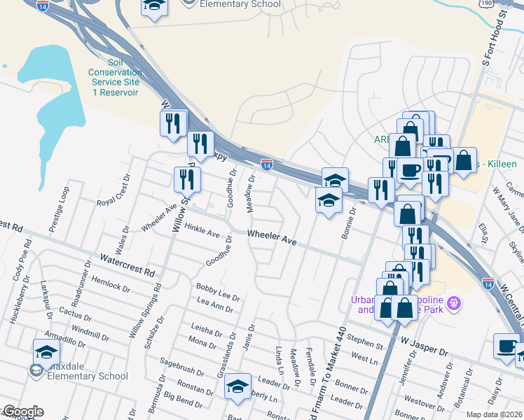 map of restaurants, bars, coffee shops, grocery stores, and more near 1810 Crestridge Drive in Killeen