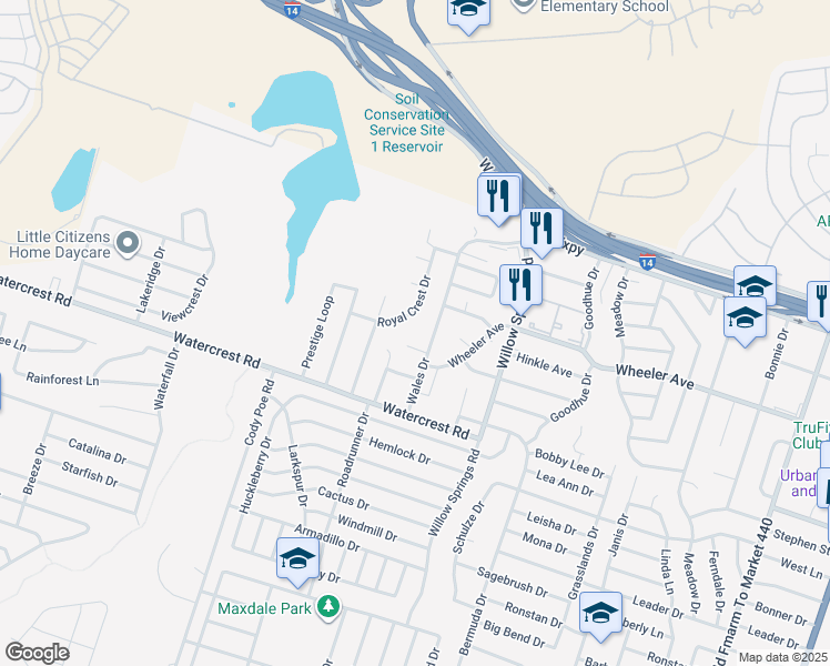 map of restaurants, bars, coffee shops, grocery stores, and more near 1224 Royal Crest Drive in Killeen