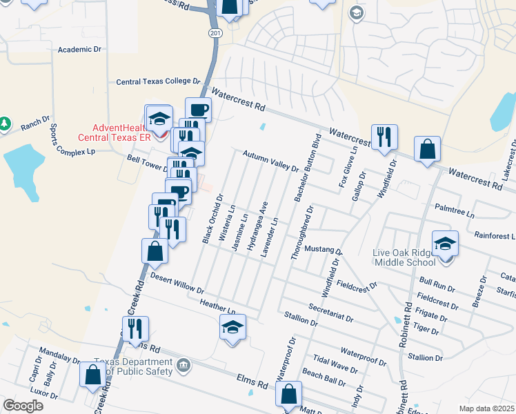map of restaurants, bars, coffee shops, grocery stores, and more near 2602 Jasmine Lane in Killeen