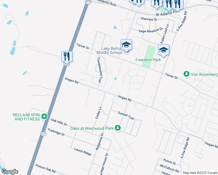 map of restaurants, bars, coffee shops, grocery stores, and more near 1204 Redstone Drive in Temple