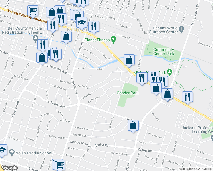 map of restaurants, bars, coffee shops, grocery stores, and more near 726 Sutton Drive in Killeen