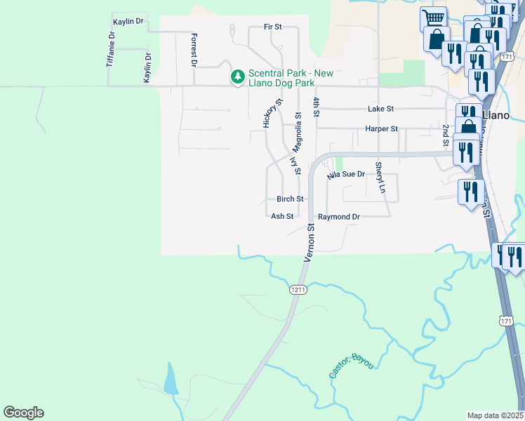 map of restaurants, bars, coffee shops, grocery stores, and more near 105 Magnolia Street in New Llano