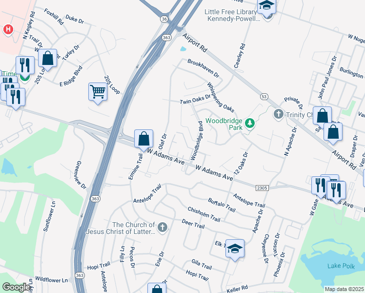 map of restaurants, bars, coffee shops, grocery stores, and more near 4102 West Adams Avenue in Temple