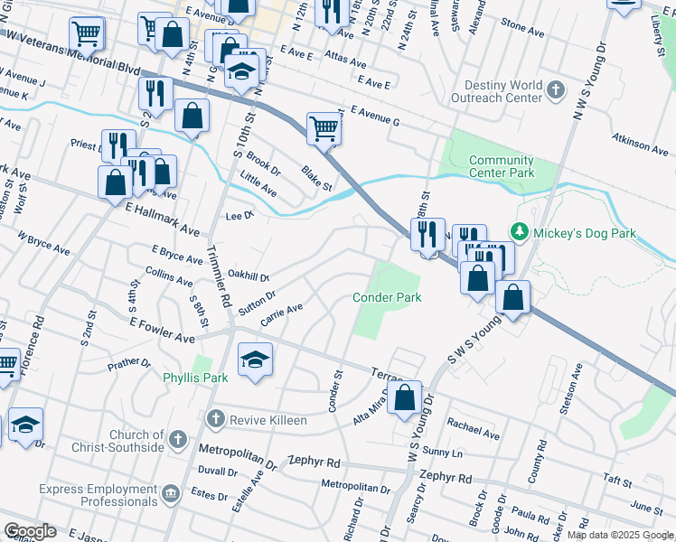 map of restaurants, bars, coffee shops, grocery stores, and more near 613 Carrie Avenue in Killeen