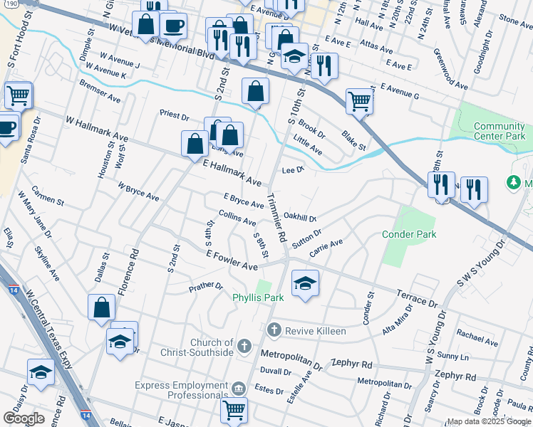 map of restaurants, bars, coffee shops, grocery stores, and more near 406 East Bryce Avenue in Killeen