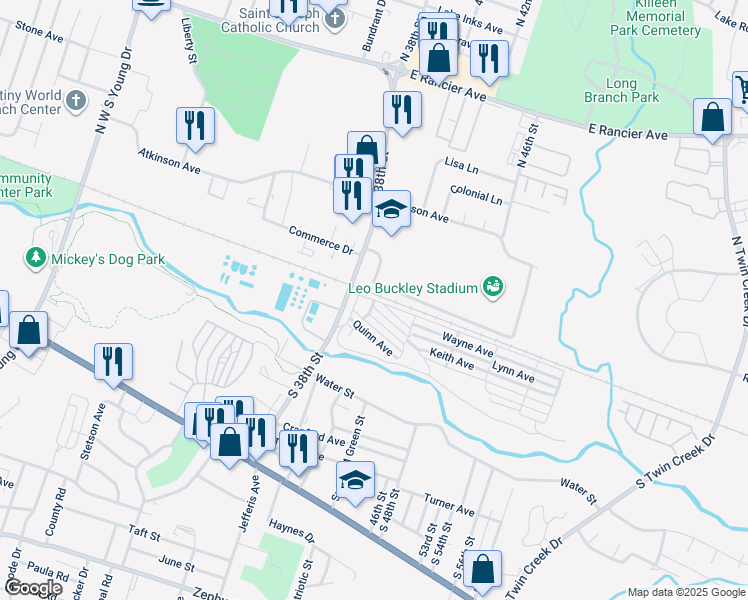 map of restaurants, bars, coffee shops, grocery stores, and more near 3303 Santa Fe Avenue in Killeen