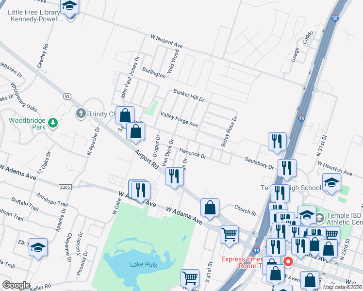 map of restaurants, bars, coffee shops, grocery stores, and more near 2604 Hancock Drive in Temple