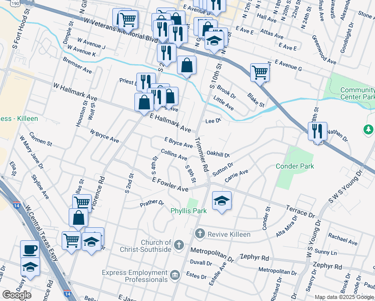 map of restaurants, bars, coffee shops, grocery stores, and more near 406 East Bryce Avenue in Killeen