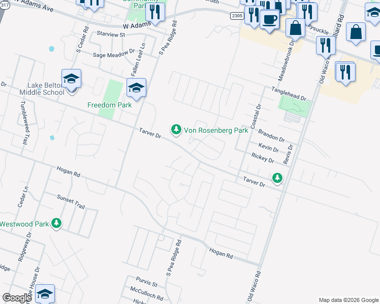 map of restaurants, bars, coffee shops, grocery stores, and more near 7716 Tarver Drive in Temple