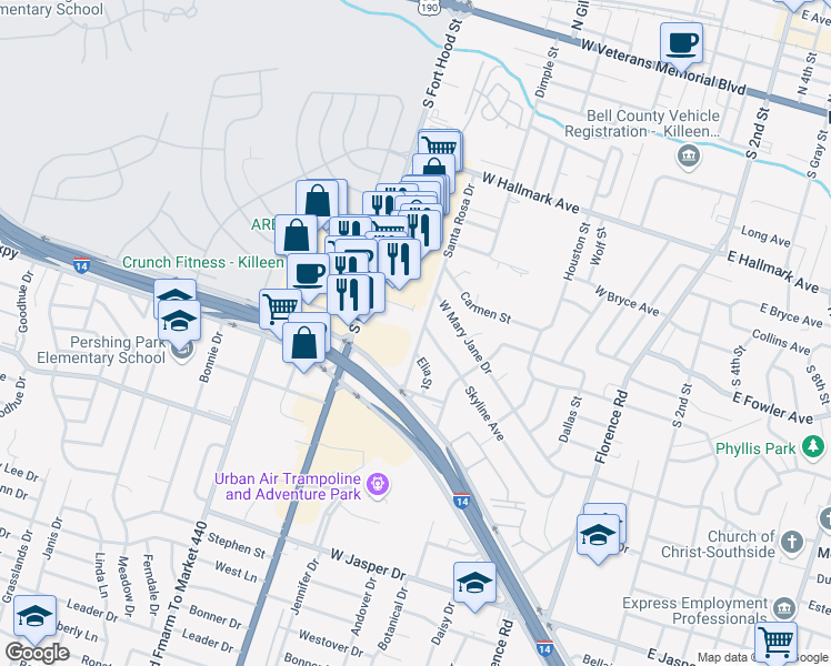 map of restaurants, bars, coffee shops, grocery stores, and more near 1109 Santa Rosa Drive in Killeen