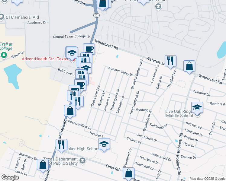 map of restaurants, bars, coffee shops, grocery stores, and more near 2602 Jasmine Lane in Killeen