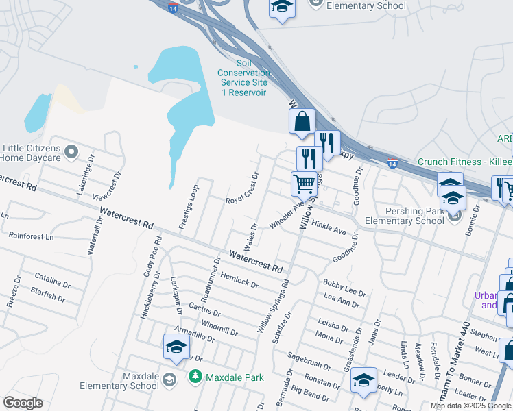 map of restaurants, bars, coffee shops, grocery stores, and more near 1204 Wales Drive in Killeen