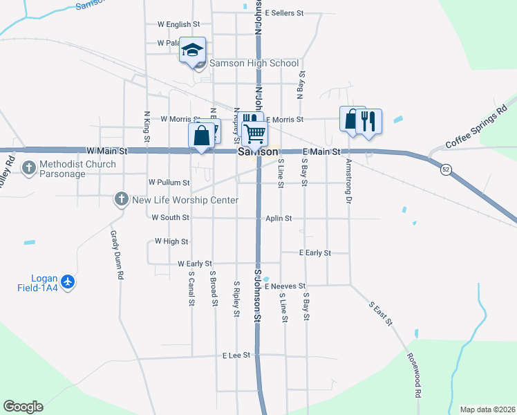 map of restaurants, bars, coffee shops, grocery stores, and more near 113 South Johnson Street in Samson