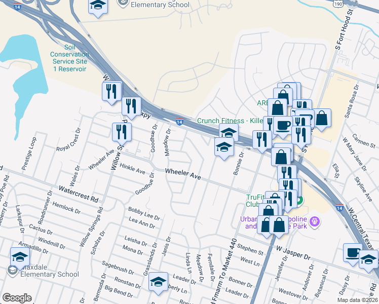 map of restaurants, bars, coffee shops, grocery stores, and more near 1706 Chippendale Drive in Killeen