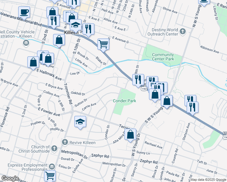 map of restaurants, bars, coffee shops, grocery stores, and more near 613 Carrie Avenue in Killeen
