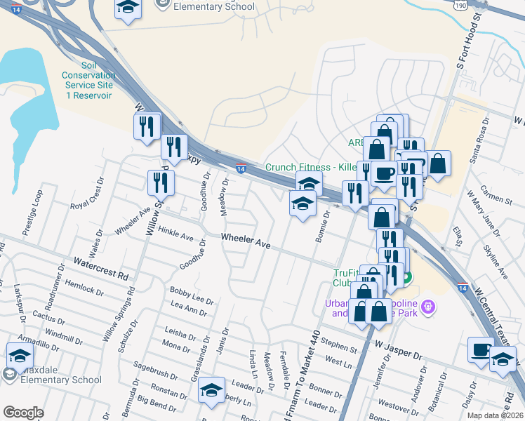 map of restaurants, bars, coffee shops, grocery stores, and more near 1706 Chippendale Drive in Killeen