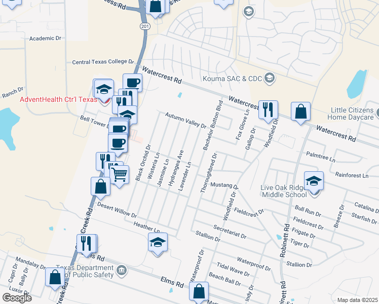 map of restaurants, bars, coffee shops, grocery stores, and more near 2509 Lavender Lane in Killeen