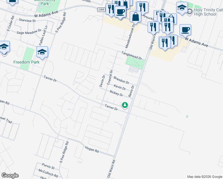 map of restaurants, bars, coffee shops, grocery stores, and more near 7124 Rickey Drive in Temple