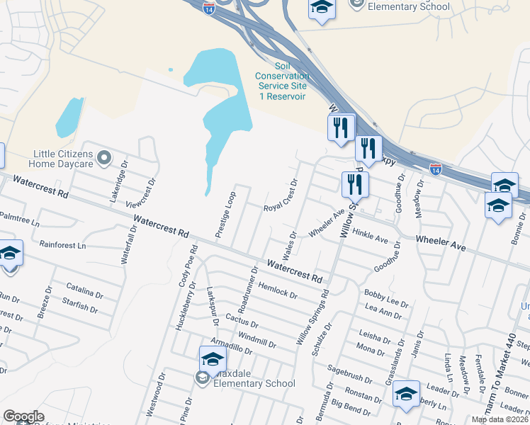map of restaurants, bars, coffee shops, grocery stores, and more near 1302 Royal Crest Drive in Killeen