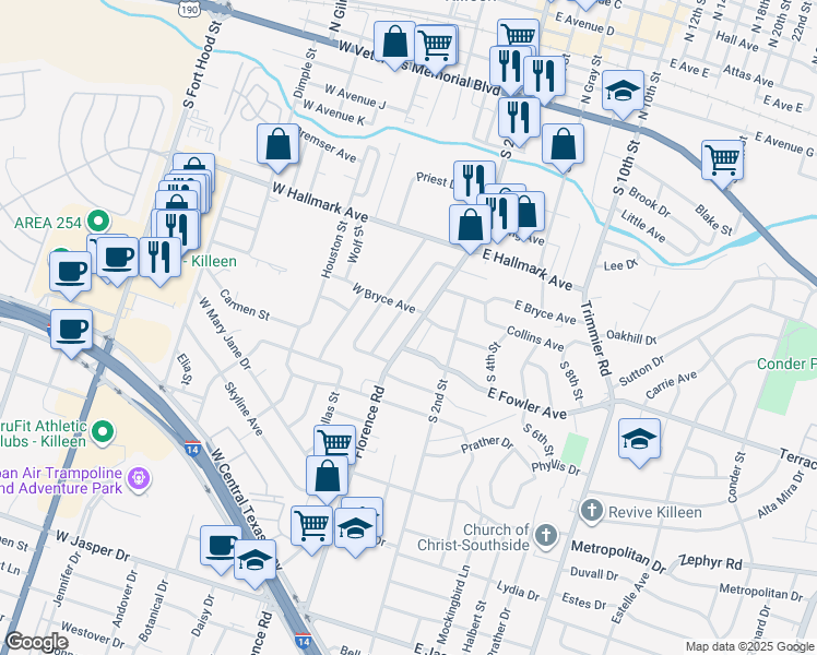 map of restaurants, bars, coffee shops, grocery stores, and more near 907 Florence Road in Killeen
