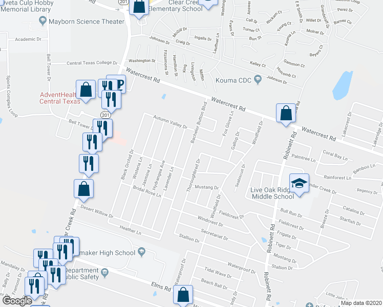 map of restaurants, bars, coffee shops, grocery stores, and more near 2504 Bachelor Button Boulevard in Killeen