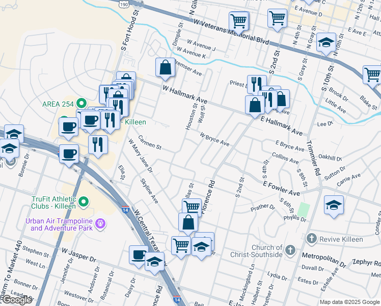 map of restaurants, bars, coffee shops, grocery stores, and more near 1009 San Antonio Street in Killeen