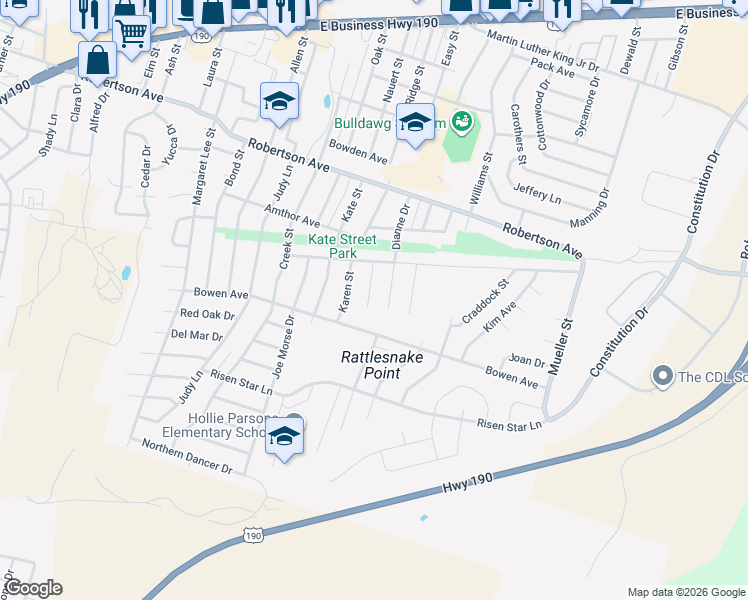 map of restaurants, bars, coffee shops, grocery stores, and more near 713 Ridge Street in Copperas Cove