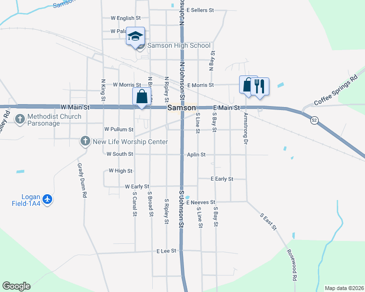 map of restaurants, bars, coffee shops, grocery stores, and more near 113 South Johnson Street in Samson