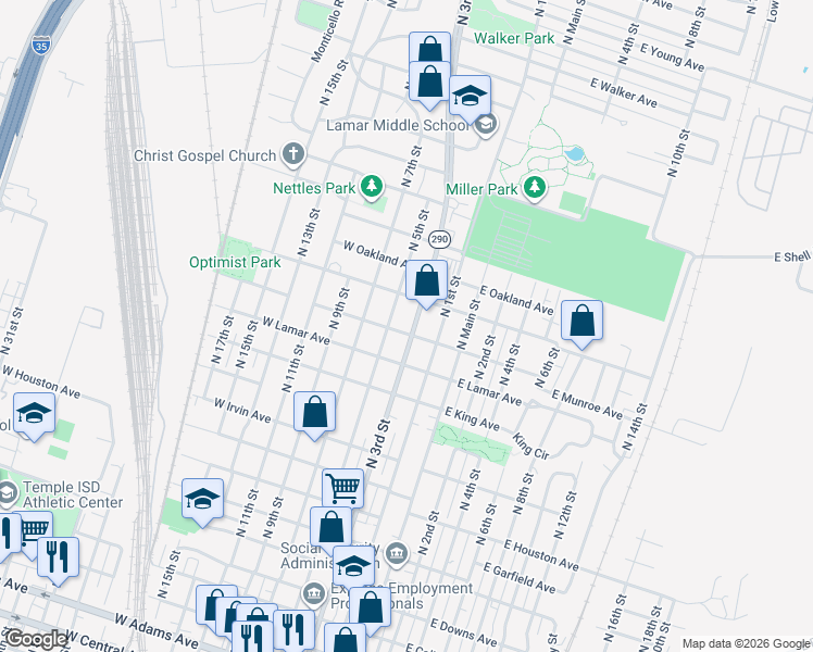 map of restaurants, bars, coffee shops, grocery stores, and more near 1307 North 3rd Street in Temple
