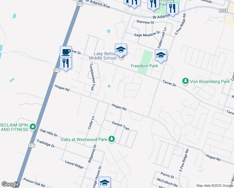 map of restaurants, bars, coffee shops, grocery stores, and more near 1213 Westend Drive in Temple