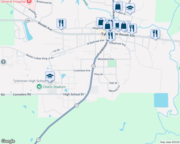 map of restaurants, bars, coffee shops, grocery stores, and more near Louisiana Avenue in Tylertown