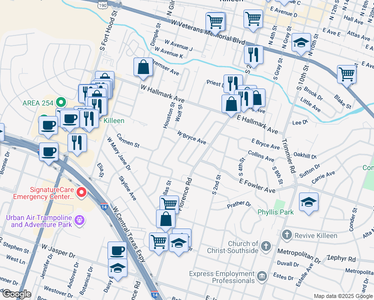 map of restaurants, bars, coffee shops, grocery stores, and more near 912 Southside Drive in Killeen