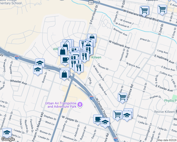 map of restaurants, bars, coffee shops, grocery stores, and more near 1109 Santa Rosa Drive in Killeen