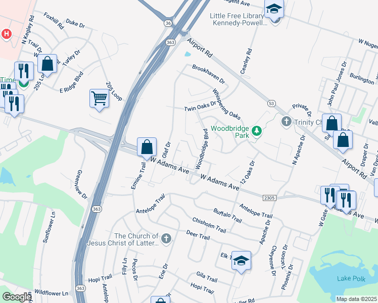 map of restaurants, bars, coffee shops, grocery stores, and more near 4102 West Adams Avenue in Temple