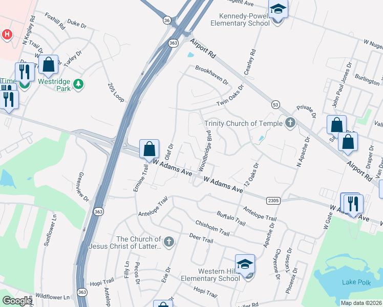 map of restaurants, bars, coffee shops, grocery stores, and more near 200 Woodbridge Boulevard in Temple
