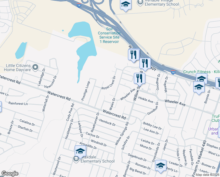 map of restaurants, bars, coffee shops, grocery stores, and more near 1224 Royal Crest Drive in Killeen