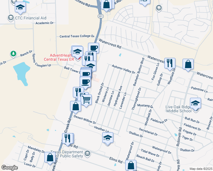 map of restaurants, bars, coffee shops, grocery stores, and more near 2705 Wisteria Lane in Killeen