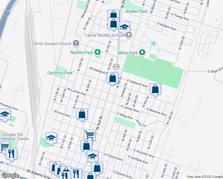 map of restaurants, bars, coffee shops, grocery stores, and more near 1307 North 3rd Street in Temple