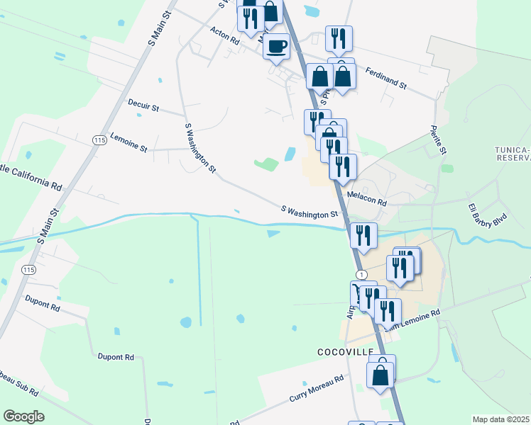map of restaurants, bars, coffee shops, grocery stores, and more near 1306 South Washington Street in Marksville