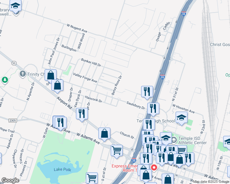 map of restaurants, bars, coffee shops, grocery stores, and more near 2205 Valley Forge Avenue in Temple