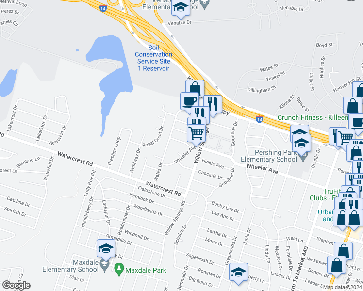 map of restaurants, bars, coffee shops, grocery stores, and more near 2207 Wheeler Avenue in Killeen