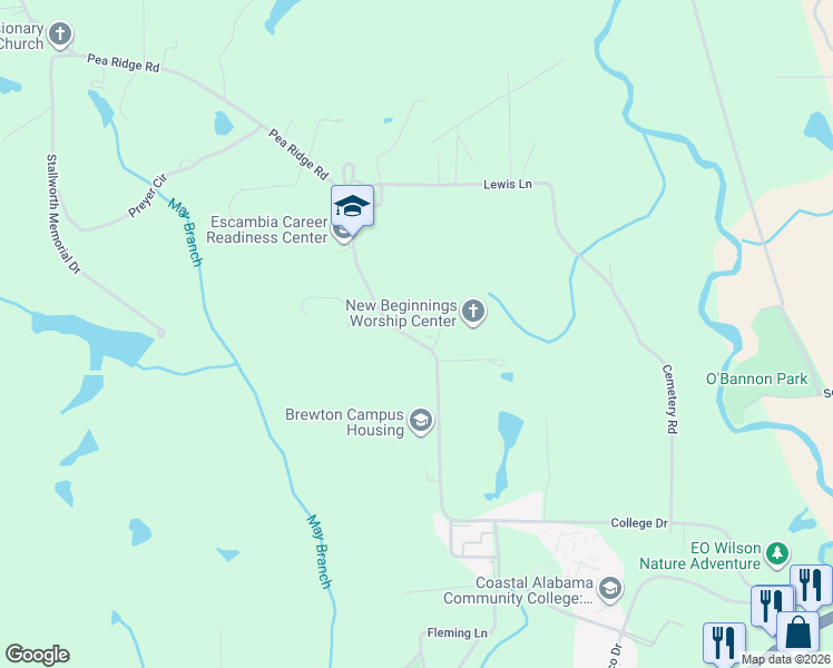 map of restaurants, bars, coffee shops, grocery stores, and more near 3105 Pea Ridge Road in Brewton