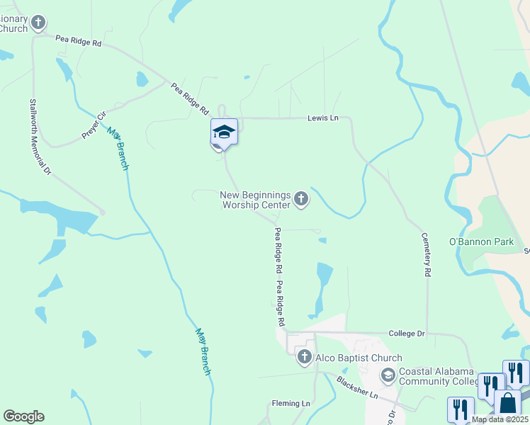 map of restaurants, bars, coffee shops, grocery stores, and more near 3105 Pea Ridge Road in Brewton