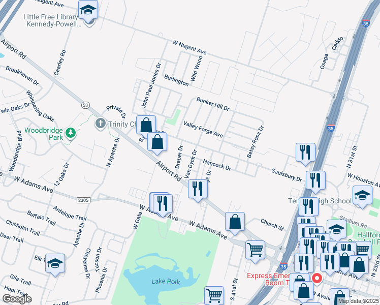 map of restaurants, bars, coffee shops, grocery stores, and more near 602 Van Dyck Drive in Temple
