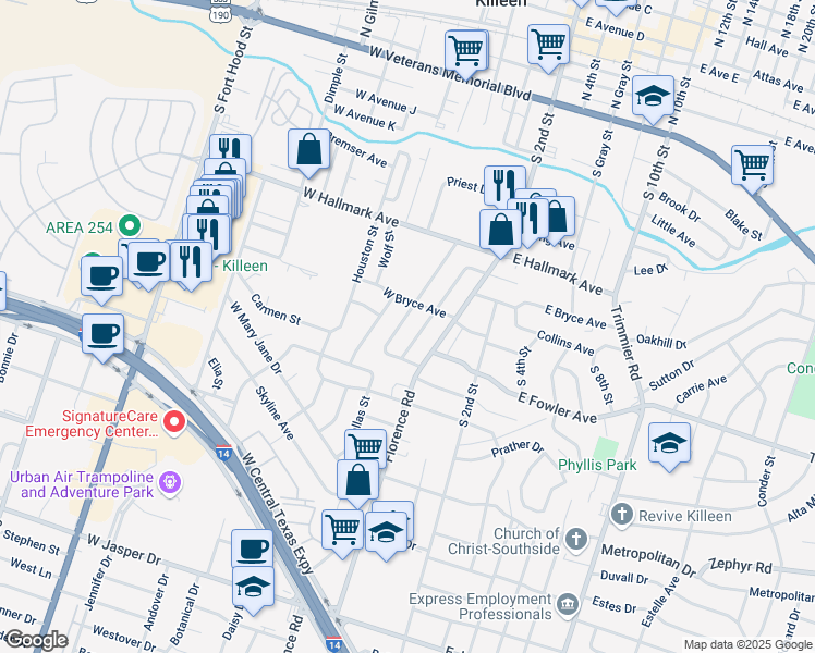 map of restaurants, bars, coffee shops, grocery stores, and more near 912 Southside Drive in Killeen
