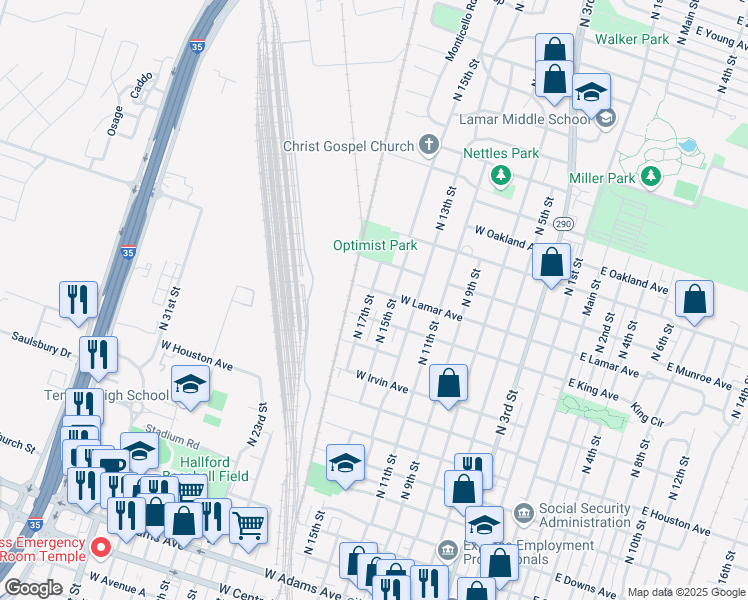 map of restaurants, bars, coffee shops, grocery stores, and more near 1113 North 17th Street in Temple